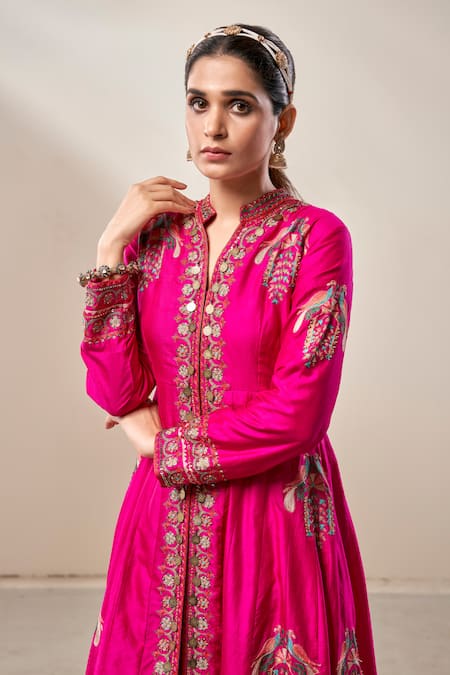 Buy_Aditi Somani_Pink Cotton, Silk, Linen Embroidery Mandarin Thread Jacket Anarkali And Pant Set _Online_at_Aza_Fashions