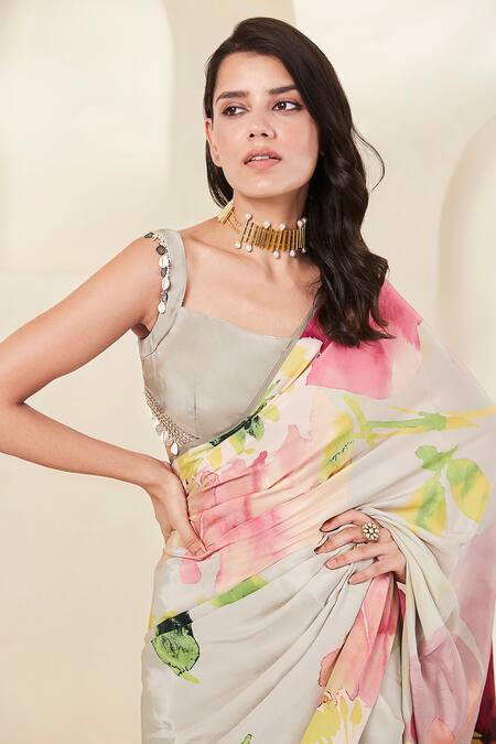 Basanti Kapde aur Koffee_Grey Crepe Embroidery, Sequins Square Neck Artsy Floral Print Saree With Blouse_Online_at_Aza_Fashions