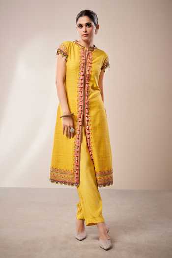 Aditi Somani_Yellow Cotton, Polyester Embroidery, Beads, Floral Jacket Tunic And Pant Set _Online_at_Aza_Fashions