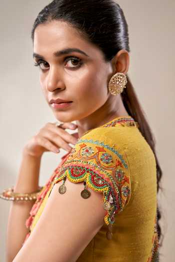 Buy_Aditi Somani_Yellow Cotton, Polyester Embroidery, Beads, Floral Jacket Tunic And Pant Set _Online_at_Aza_Fashions