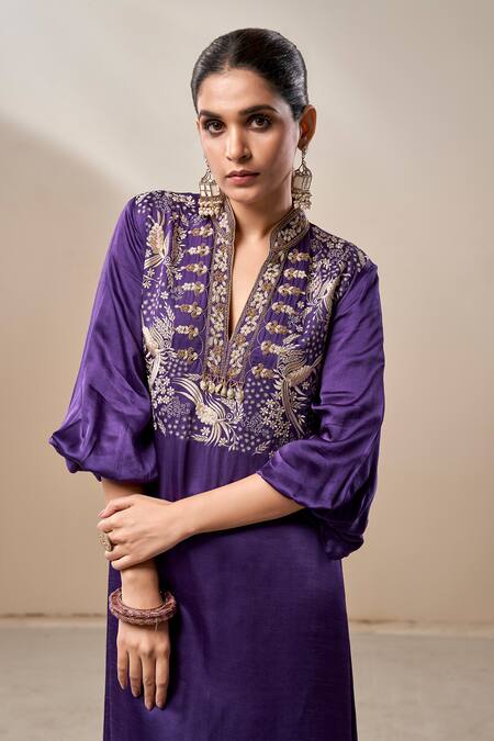 Aditi Somani Purple Cotton Satin Cut Work Mandarin Collar Embroidered Kurta And Pant Set Online at Aza Fashions Aditi Somani_Purple Cotton Satin Cut Work Mandarin Collar Embroidered Kurta And Pant Set _Online_at_Aza_Fashions