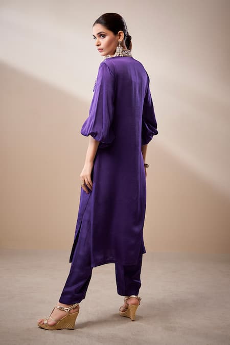 Shop Aditi Somani Purple Cotton Satin Cut Work Mandarin Collar Embroidered Kurta And Pant Set at Aza Fashions Shop_Aditi Somani_Purple Cotton Satin Cut Work Mandarin Collar Embroidered Kurta And Pant Set _at_Aza_Fashions