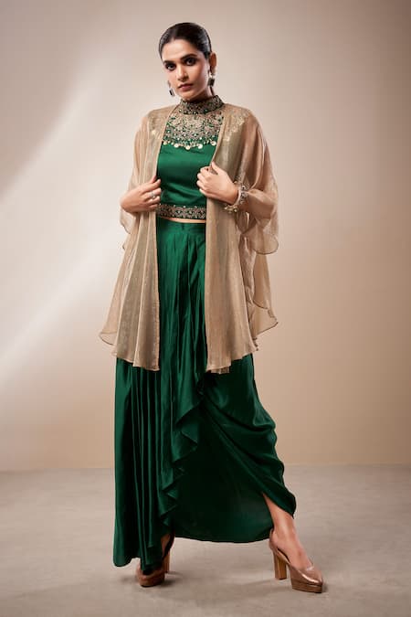 Aditi Somani_Green Satin, Linen Cut Work, Mirrors, Zari Pleated Dhoti Skirt Set With Cape _Online_at_Aza_Fashions