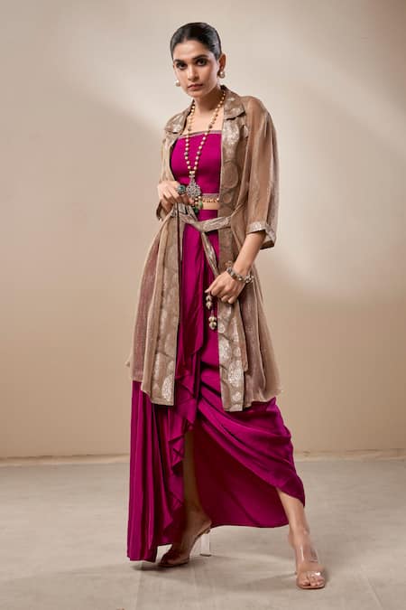Aditi Somani_Purple Satin, Linen Embroidery Square Neck Dhoti Skirt Set With Jacket _Online_at_Aza_Fashions