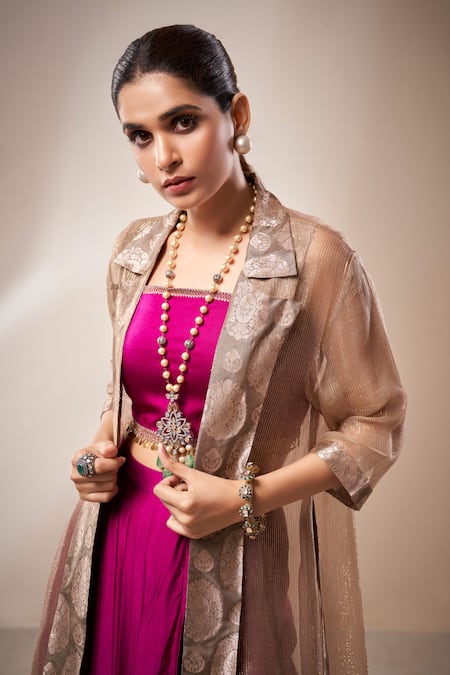 Shop_Aditi Somani_Purple Satin, Linen Embroidery Square Neck Dhoti Skirt Set With Jacket _Online_at_Aza_Fashions