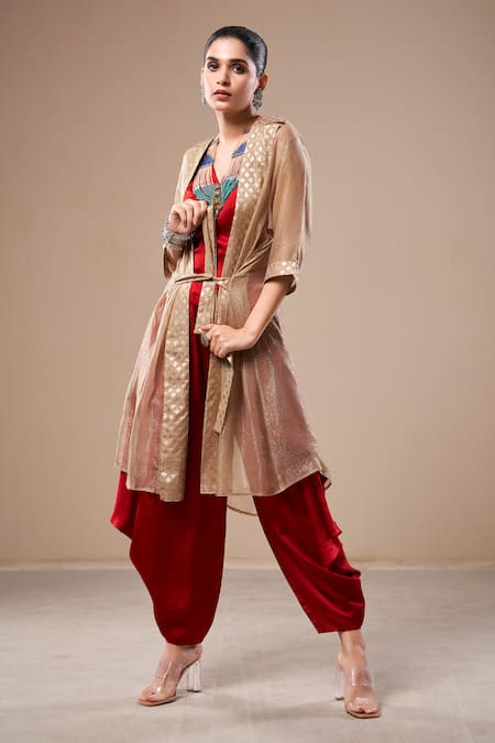 Aditi Somani Red Satin, Linen, Chiffon Embroidery Solid Top And Dhoti Pant Set With Jacket Online at Aza Fashions Aditi Somani_Red Satin, Linen, Chiffon Embroidery Solid Top And Dhoti Pant Set With Jacket _Online_at_Aza_Fashions
