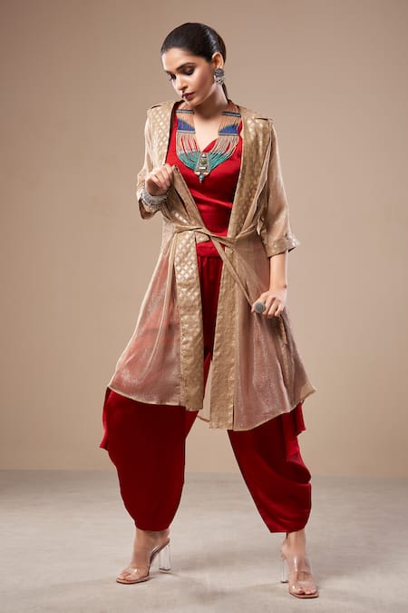 Buy Aditi Somani Red Satin, Linen, Chiffon Embroidery Solid Top And Dhoti Pant Set With Jacket Online at Aza Fashions Buy_Aditi Somani_Red Satin, Linen, Chiffon Embroidery Solid Top And Dhoti Pant Set With Jacket _Online_at_Aza_Fashions