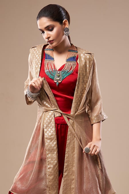 Shop Aditi Somani Red Satin, Linen, Chiffon Embroidery Solid Top And Dhoti Pant Set With Jacket Online at Aza Fashions Shop_Aditi Somani_Red Satin, Linen, Chiffon Embroidery Solid Top And Dhoti Pant Set With Jacket _Online_at_Aza_Fashions