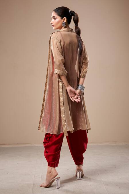 Shop Aditi Somani Red Satin, Linen, Chiffon Embroidery Solid Top And Dhoti Pant Set With Jacket at Aza Fashions Shop_Aditi Somani_Red Satin, Linen, Chiffon Embroidery Solid Top And Dhoti Pant Set With Jacket _at_Aza_Fashions