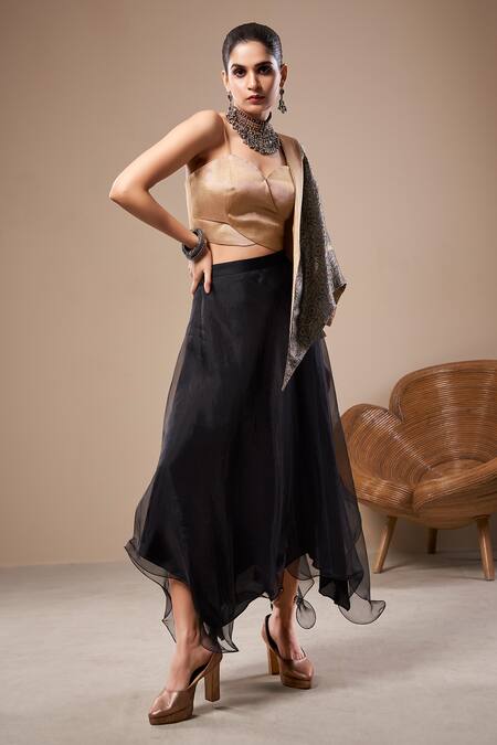 Aditi Somani Black Brocade, Organza, Muslin Embroidery Floral Woven Jacket Skirt Set at Aza Fashions Aditi Somani_Black Brocade, Organza, Muslin Embroidery Floral Woven Jacket Skirt Set _at_Aza_Fashions