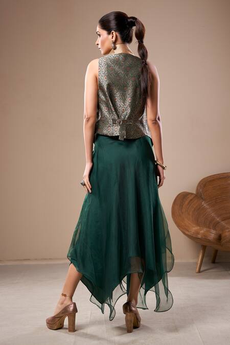Shop Aditi Somani Green Brocade, Muslin, Organza Embroidery Flower Woven Jacket Skirt Set at Aza Fashions Shop_Aditi Somani_Green Brocade, Muslin, Organza Embroidery Flower Woven Jacket Skirt Set _at_Aza_Fashions