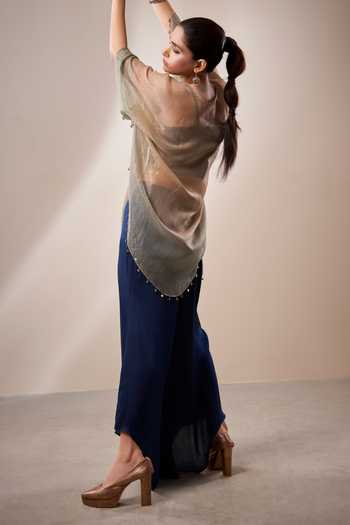 Aditi Somani_Blue Modal, Satin Zari Square Neckline Embroidered Top And Palazzo Set With Cape _Online_at_Aza_Fashions