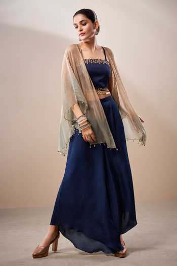 Buy_Aditi Somani_Blue Modal, Satin Zari Square Neckline Embroidered Top And Palazzo Set With Cape _Online_at_Aza_Fashions