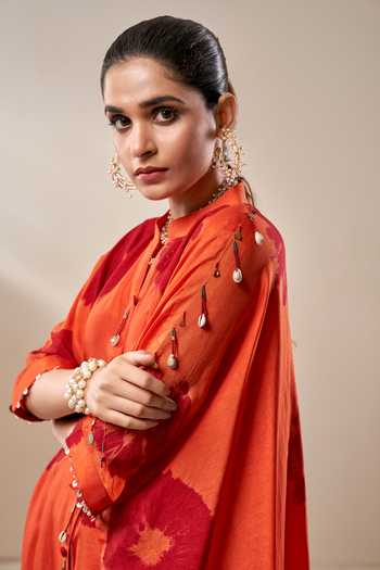Aditi Somani_Orange Bamboo Beads Mandarin Collar Floral Print Kaftan And Pant Set _Online_at_Aza_Fashions