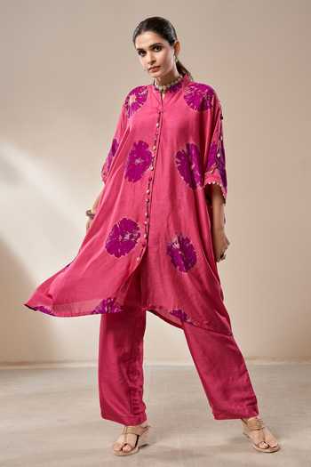 Aditi Somani_Pink Bamboo Beads Mandarin Collar Printed Kaftan And Pant Set _Online_at_Aza_Fashions