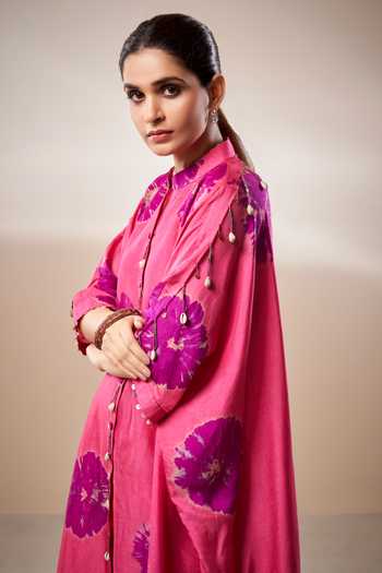 Buy_Aditi Somani_Pink Bamboo Beads Mandarin Collar Printed Kaftan And Pant Set _Online_at_Aza_Fashions
