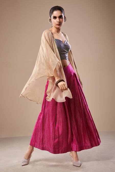 Aditi Somani_Pink Brocade, Chiffon Embroidery Polka Dot Woven Palazzo Set With Cape _Online_at_Aza_Fashions