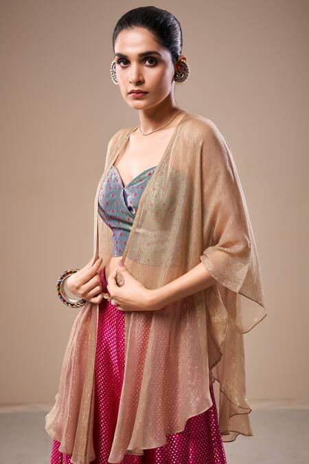 Buy_Aditi Somani_Pink Brocade, Chiffon Embroidery Polka Dot Woven Palazzo Set With Cape _Online_at_Aza_Fashions