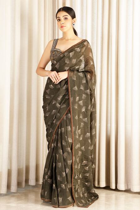 Buy_Detales_Green Saree Organza Printed Floral Notched Bloom With Blouse_Online_at_Aza_Fashions