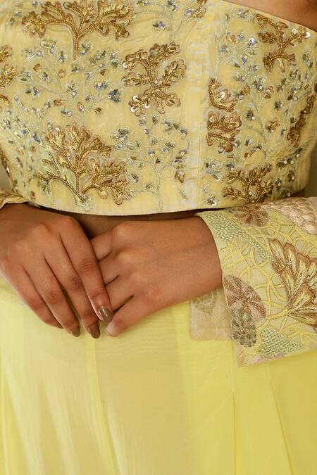 Shop_Detales_Yellow Sharara Georgette Embroidered Floral Sequin And Thread Blouse & Set_Online_at_Aza_Fashions