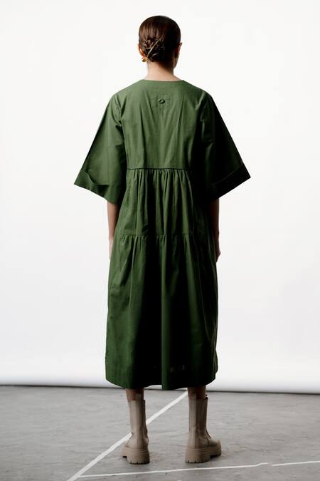Shop_Ofrida_Green Cotton, Linen V-neck Gypset Dress _at_Aza_Fashions