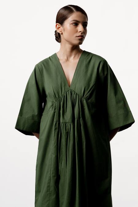 Ofrida_Green Cotton, Linen V-neck Gypset Dress _Online_at_Aza_Fashions