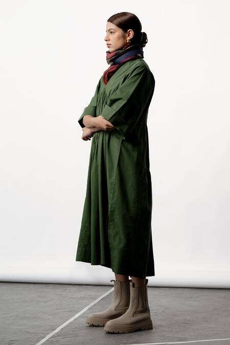 Buy_Ofrida_Green Cotton, Linen V-neck Gypset Dress _Online_at_Aza_Fashions