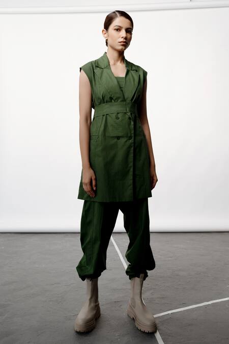 OFRIDA_Green Cotton, Linen Collared Sleeveless Jacket_Online_at_Aza_Fashions
