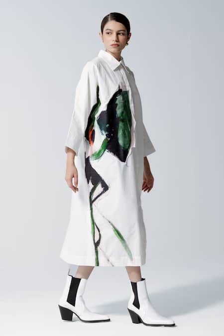 OFRIDA_White Cotton, Poplin Embroidery Collared Bud Stroke Print Shirt Dress_Online_at_Aza_Fashions