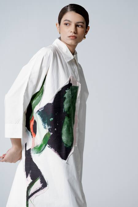 Buy_OFRIDA_White Cotton, Poplin Embroidery Collared Bud Stroke Print Shirt Dress_Online_at_Aza_Fashions