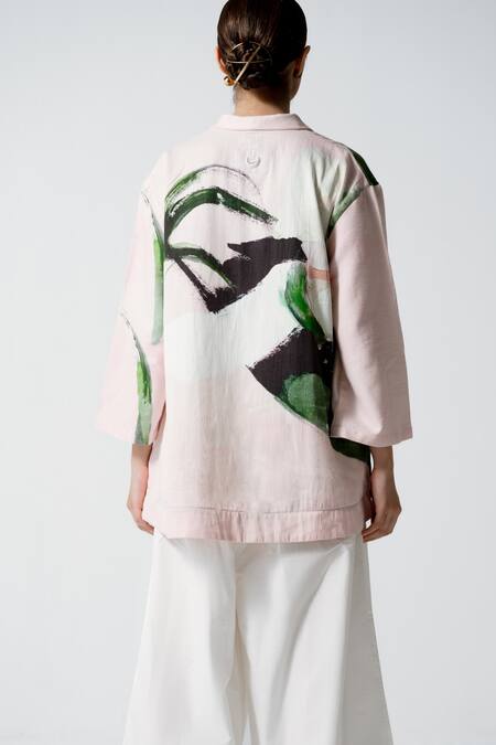 Shop_Ofrida_Pink Cotton, Linen Embroidery Shawl Neck Bud Placement Print Jacket _at_Aza_Fashions