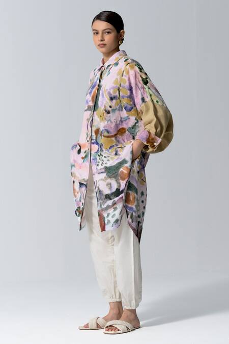 OFRIDA_Multi Color Linen Embroidery Collared Abstract Print Tunic_Online_at_Aza_Fashions