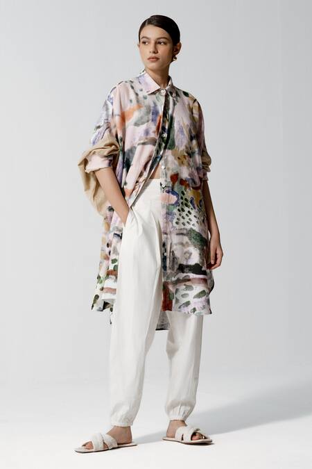 Buy_OFRIDA_Multi Color Linen Embroidery Collared Abstract Print Tunic_Online_at_Aza_Fashions