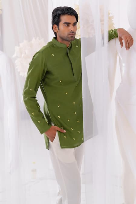 Buy_Runit Gupta_Green Kurta Chanderi Silk Hand Embroidered Pearls Olivio Short Set _Online_at_Aza_Fashions