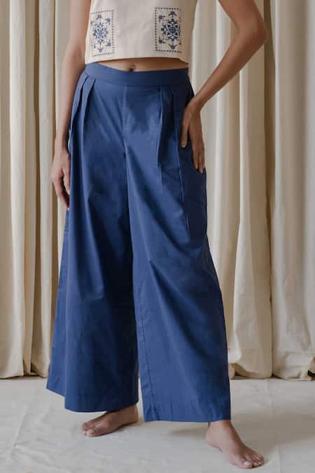 Vanaras_Blue Cotton Embroidery Collared Plumeria Top With Rayne Pant_Online_at_Aza_Fashions