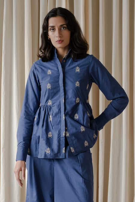 Shop_Vanaras_Blue Cotton Embroidery Collared Plumeria Top With Rayne Pant_Online_at_Aza_Fashions