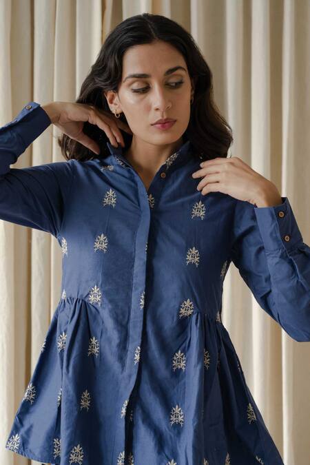 Vanaras_Blue Cotton Embroidery Collared Plumeria Top With Rayne Pant_at_Aza_Fashions