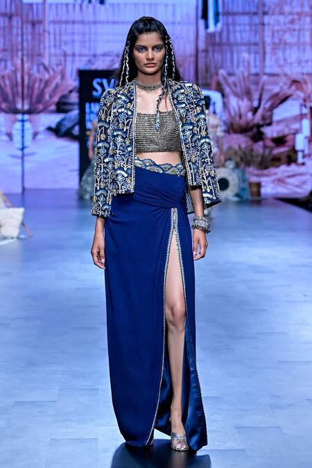 Buy_Sva By Sonam & Paras Modi_Blue Crepe Embroidery, Beads, Sequins Scoop Noor Embellished Jacket Skirt Set