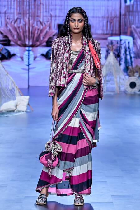 Sva By Sonam & Paras Modi_Multi Color Crepe Print Stripe Jacket Straight Pre-draped Saree Set_at_Aza_Fashions