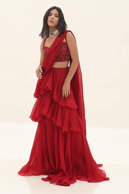 Divya Goel Red Organza Embroidery Sequin Sweetheart Ruffle Saree With Blouse 