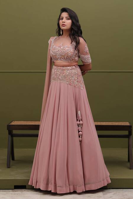 Divya Goel Pink Georgette Embroidery Bead Illusion Sheer Placement Lehenga Set 