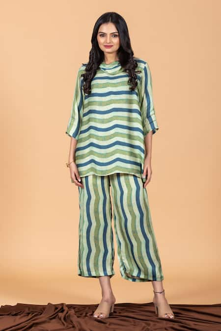 Savaaya Cowl Neck Stripe Pattern Top With Pant 