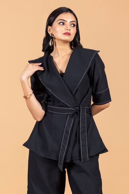 Savaaya_Black Linen Embroidery Collared Thread Stitch Jacket Pant Set _Online_at_Aza_Fashions