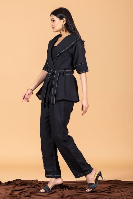 Buy_Savaaya_Black Linen Embroidery Collared Thread Stitch Jacket Pant Set _Online_at_Aza_Fashions