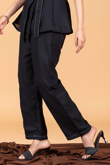 Shop_Savaaya_Black Linen Embroidery Collared Thread Stitch Jacket Pant Set _Online_at_Aza_Fashions