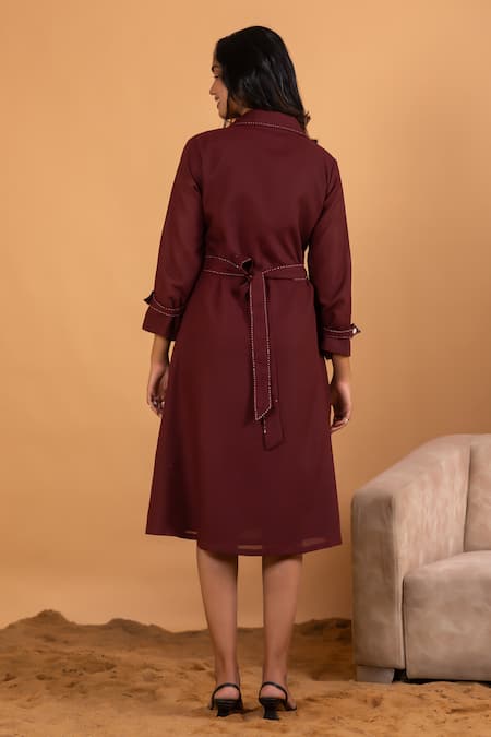 Shop_Savaaya_Maroon Linen Embroidery Collared Thread Stitch Blazer Dress With Belt _at_Aza_Fashions