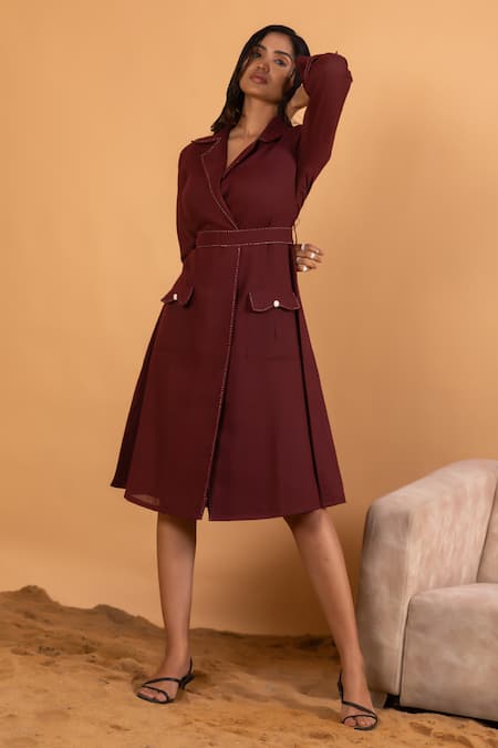 Savaaya_Maroon Linen Embroidery Collared Thread Stitch Blazer Dress With Belt _Online_at_Aza_Fashions