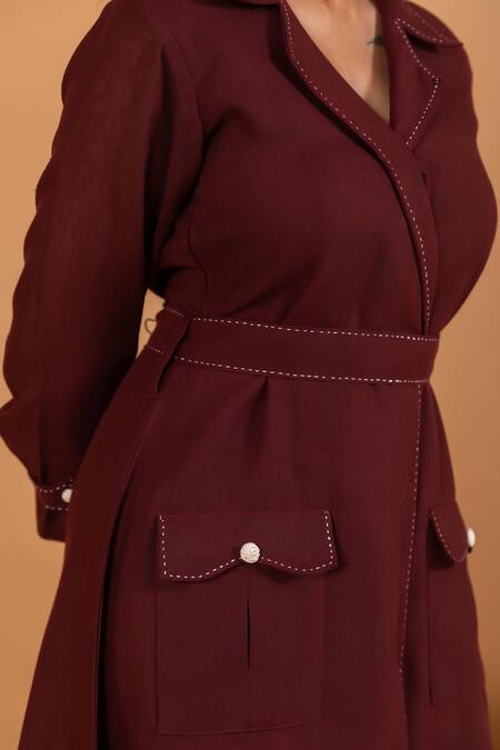 Buy_Savaaya_Maroon Linen Embroidery Collared Thread Stitch Blazer Dress With Belt _Online_at_Aza_Fashions