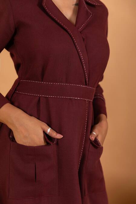 Shop_Savaaya_Maroon Linen Embroidery Collared Thread Stitch Blazer Dress With Belt _Online_at_Aza_Fashions