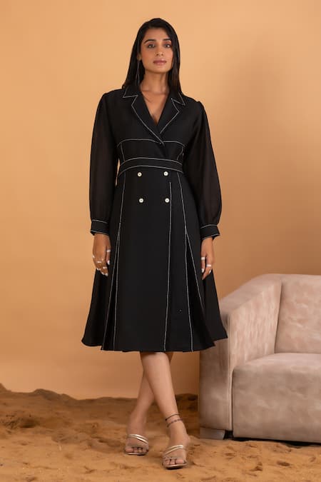 Savaaya Puffed Sleeves Blazer Dress With Belt 